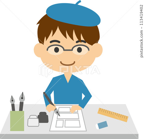 一位男性漫畫藝術家在工作的圖像插圖 113419402