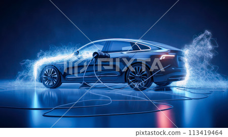EV Car or Electric vehicle at charging station with the power cable supply plugged in on blurred nature with blue enegy power effect. Eco-friendly sustainable energy concept. 113419464