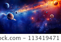 Sun, planets of the solar system and planet Earth, galaxies, stars, comet, asteroid, meteorite, nebula. Space panorama of the universe. 113419471