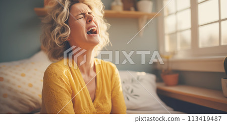 Woman with allergy or flu sneezing at home. 113419487