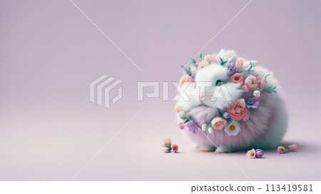 Cute Easter bunny with flower on pastel color background. Happy Easter concept. Cute Easter bunny with flower on pastel color background. Happy Easter concept. 113419581