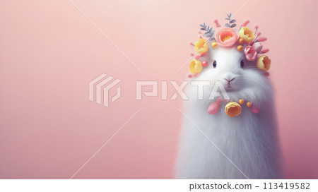 Cute Easter bunny with flower on pastel color background. Happy Easter concept. Cute Easter bunny with flower on pastel color background. Happy Easter concept. 113419582