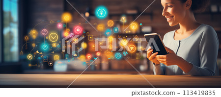 Smiling woman using apps in smartphone. Smiling woman using apps in smartphone. 113419835