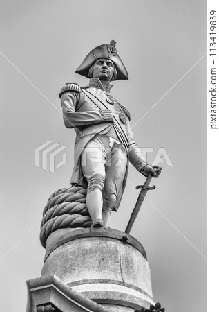 Nelson statue atop column at Trafalgar Square, London, UK Nelson statue atop column at Trafalgar Square, London, UK 113419839