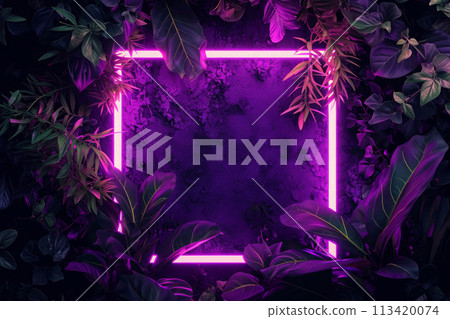 Neon square frame surrounded by tropical leaves 113420074
