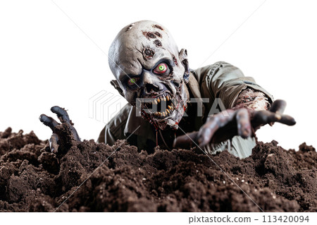 Bloody male zombie crawls out of the grave soil 113420094