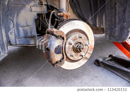 Worn used car brake disk close up. Changing wheels and brakes. Worn used car brake disk close up. Changing wheels and brakes. 113420152