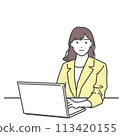 Illustration of a smiling woman in a suit using a computer Vector material White background, white background, no background, transparent 113420155