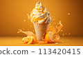 Orange ice cream in waffle cone with splash on orange background 113420415