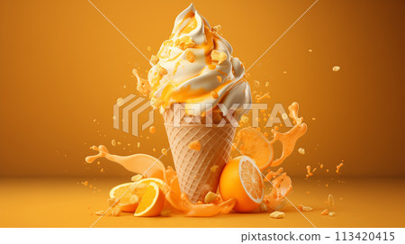 Orange ice cream in waffle cone with splash on orange background Orange ice cream in waffle cone with splash on orange background 113420415