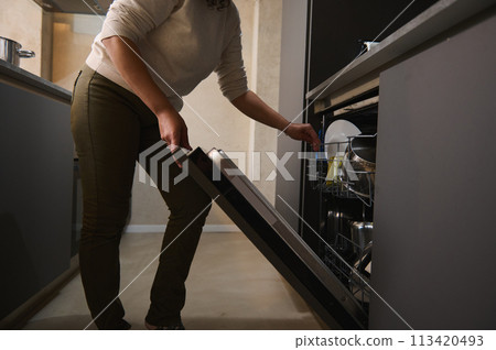 Cropped view of woman using automatic dishwasher for household chores in modern minimalist kitchen interior 113420493