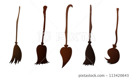 Halloween broom set. Witch flying tool for witches and sorcerers Halloween broom set. Witch flying tool for witches and sorcerers 113420643