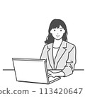 A simple illustration of a smiling woman using a computer. White background, monochrome, vector 113420647