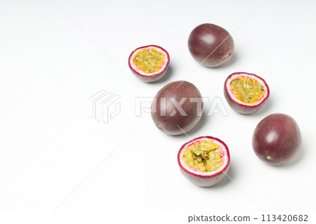 Concept of delicious and juicy exotic fruit - passion fruit 113420682
