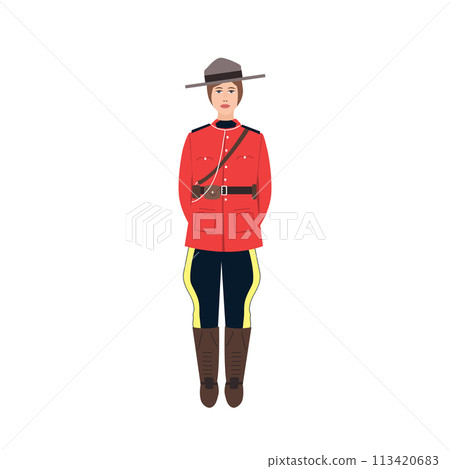 Canadian female policewoman in traditional uniform - scarlet tunic and breeches, cartoon vector illustration isolated on white background. Full length portrait of Canadian woman policeman 113420683
