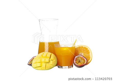 Concept of delicious exotic fruits juice, isolated on white background 113420703