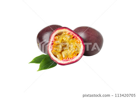 Concept of delicious and juicy exotic fruit - passion fruit, isolated on white background Concept of delicious and juicy exotic fruit - passion fruit, isolated on white background 113420705