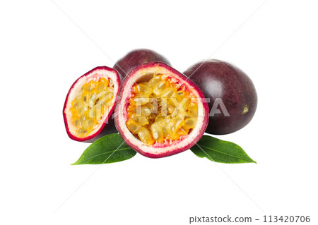 Concept of delicious and juicy exotic fruit - passion fruit, isolated on white background 113420706