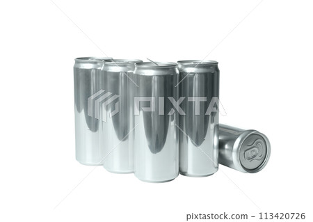 PNG, Close-up view of shiny tin cans for drinks, isolated on white background PNG, Close-up view of shiny tin cans for drinks, isolated on white background 113420726