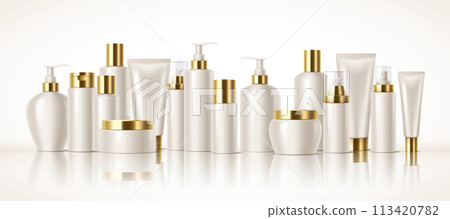 Cosmetics products containers with golden caps illustration Cosmetics products containers with golden caps illustration 113420782