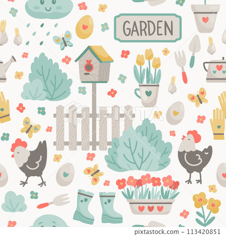Seamless pattern Easter eggs, chickens, flowers Seamless pattern Easter eggs, chickens, flowers 113420851