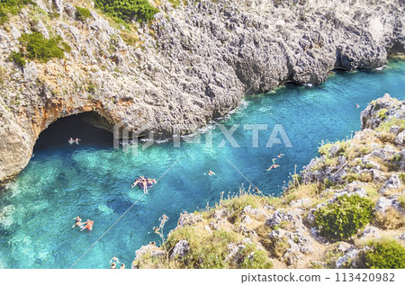 Beautiful scenic seascape at Ciolo Bridge, Salento, Apulia, Italy 113420982