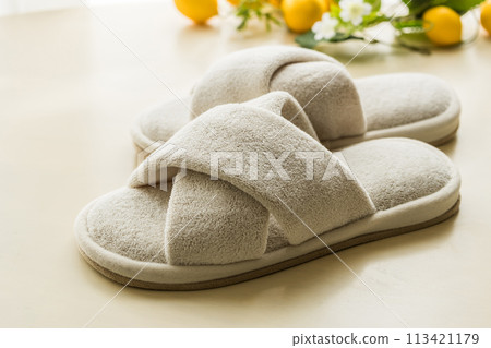 Room shoes - White slippers stock photo 113421179