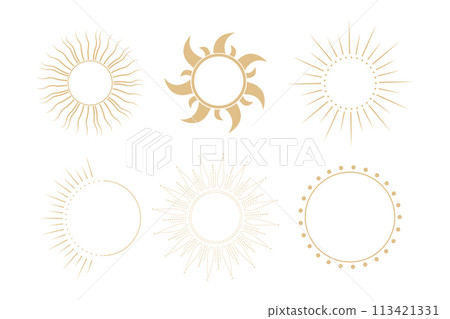 Set golden celestial frames sun, borders, arch line art esoteric minimal decoration with sparkles isolated on dark background. 113421331