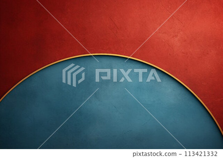 3D abstract template. Part of a teal circle with a gold border on a red background. AI generated image 113421332