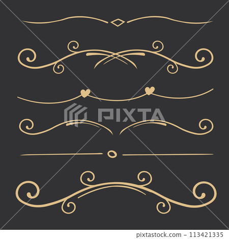 Elegant gold divider thin line classic deco border separator collection isolated on dark background. Florish arnament, embelish. 113421335