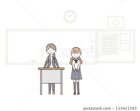 A transfer student and her homeroom teacher are introduced to the class in front of the blackboard. 113421393