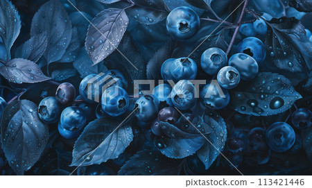 Stylized blueberries with leaves, blue color 113421446