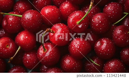 Juicy ripe cherries in drops of water, solid background 113421448