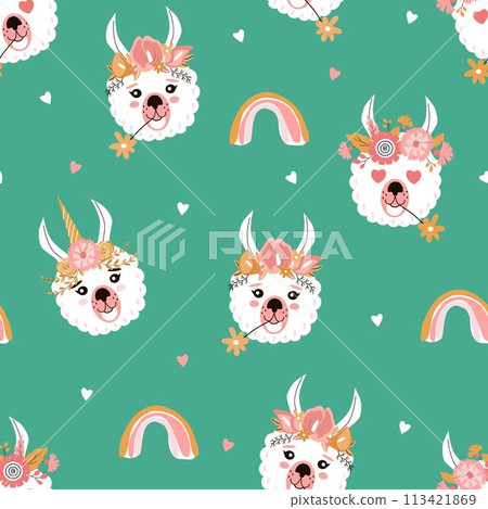 Llamas in flower crowns and text seamless pattern. Creative childrens texture. Great for fabric, textile vector illustration.  113421869