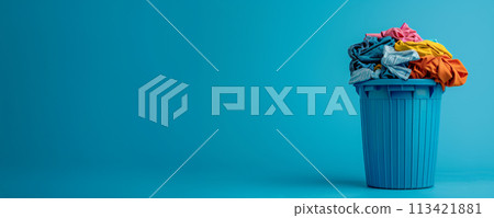 fast fashion concept - pile of clother in trash bin, solid color background 113421881