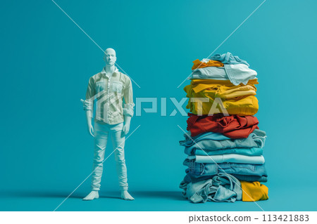 fast fashion concept - minimalist figure standing next to a taller, neatly arranged pile of clothes 113421883
