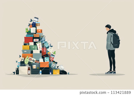 Overproduction concept - simple figure standing by a large pile of products Overproduction concept - simple figure standing by a large pile of products 113421889
