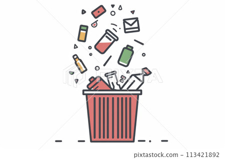 Overproduction concept - product icons falling in trash bin Overproduction concept - product icons falling in trash bin 113421892