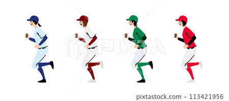 Female baseball team members in various uniforms warming up during training 113421956