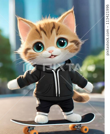 棕色小貓玩滑板 113421996