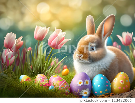 Happy Easter background. Beige rabbit or bunny, colorful Easter eggs, pink tulip flowers in spring meadow background. Decoration concept for greeting card on Easter Day celebrate time, copy space Happy Easter background. Beige rabbit or bunny, colorful Easter eggs, pink tulip flowers in spring meadow background. Decoration concept for greeting card on Easter Day celebrate time, copy space 113422005