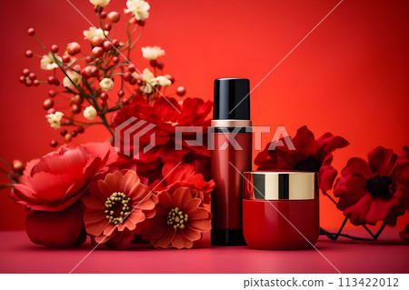 Set of red matte cosmetic bottles for liquid standing on surface with flowers. Plastic jar, container for cream, packing lotion, shampoo in tube. Beauty products for personal skin, body, hair care 113422012