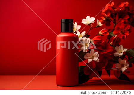 Red matte cosmetic bottle for liquid standing on surface. Plastic container, tube for cream or shampoo. Beauty product for personal hair or skin care. Orchid flowers on background Red matte cosmetic bottle for liquid standing on surface. Plastic container, tube for cream or shampoo. Beauty product for personal hair or skin care. Orchid flowers on background 113422020