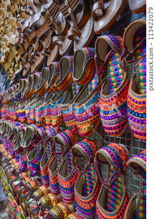 Pushkar Traditional Rajasthan shoes in different colors in street markets. 113422079