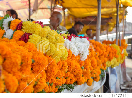 Flower market and bazaars with great variety of colorful flowers in India Flower market and bazaars with great variety of colorful flowers in India 113422161