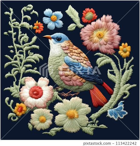 Vector traditional hungarian embroidery. Bright floral ornament with bird on dark background. Vector traditional hungarian embroidery. Bright floral ornament with bird on dark background. 113422242