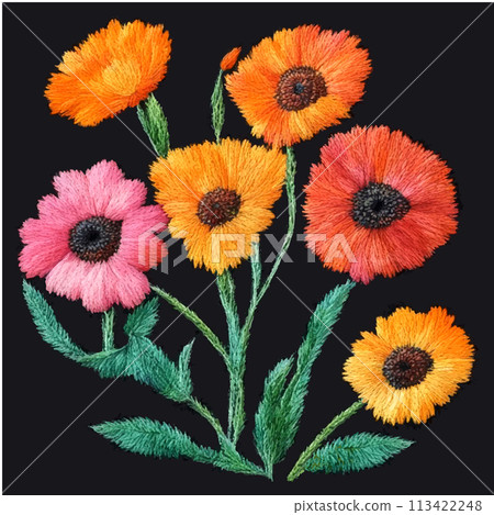 Vector traditional hungarian embroidery. Bright floral ornament on black background. 113422248