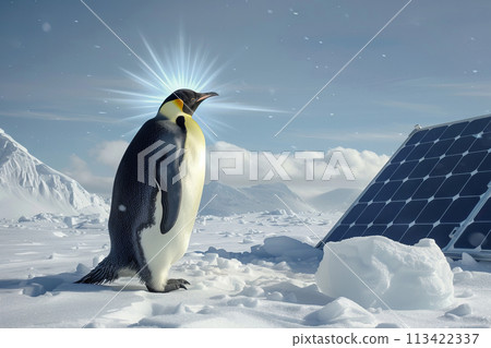 Alternative energy concept. Solar battery near a penguin in Antarctica 113422337