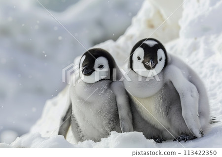 Two king penguin chicks in Antarctica sit next to each other against the backdrop of a snowdrift 113422350