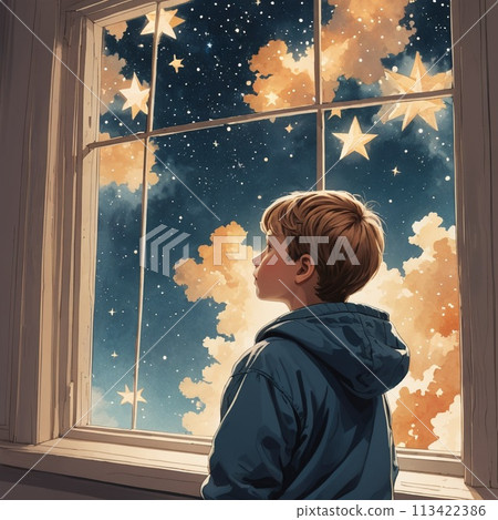 男孩從窗外仰望星空4 113422386